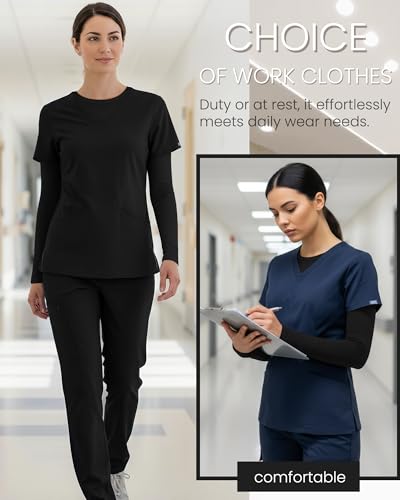 Oakgarden 5 Pcs Womens Long Sleeve Underscrub Shirt Crew Neck - color: Black, size: Large