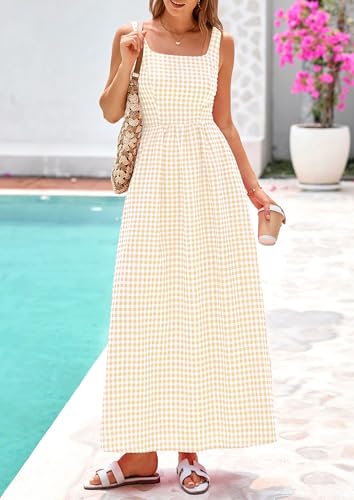 PRETTYGARDEN Women's Summer Gingham Maxi Long Dress - color: Beige, size: Small