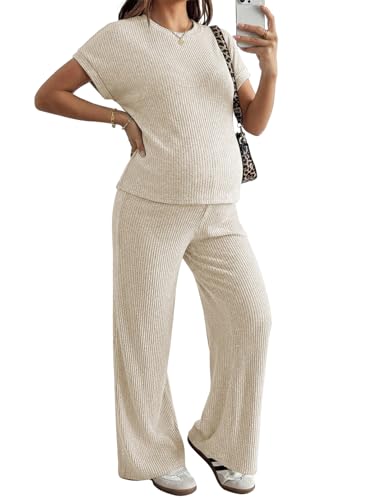 BLENCOT Maternity Sets Summer Ribbed Knit Pajamas Outfits - color: Beige, size: Small