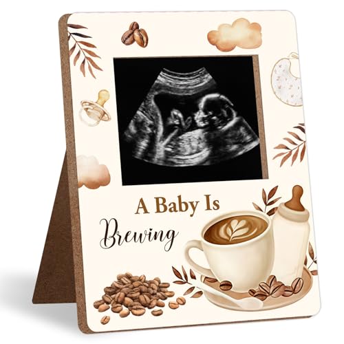 Coffee Themed Baby Shower Decorations Frame, Coffee Pattern Sonogram Picture Frame, New Mom Expecting Parents-to-Be Keepsake Gifts, “A Baby is Brewing” Little One Shower, Pregnancy Announcements - color: brown