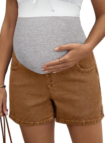 BLENCOT Maternity Jeans Over The Belly Pregnancy Clothes with Pockets - color: Brown, size: Medium