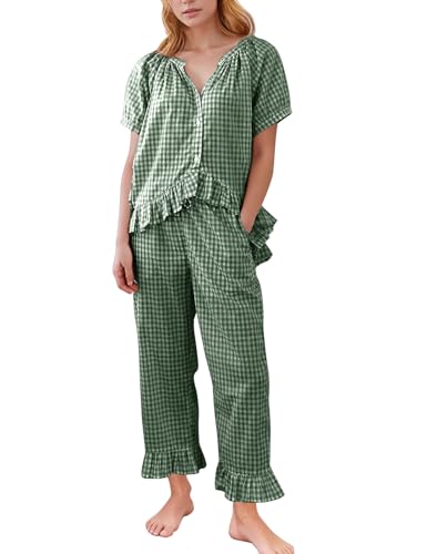Flygo Women's Cotton Gingham Pajama Set 2 Piece Ruffle Lounge Sleepwear - color: Darkgreen, size: Medium
