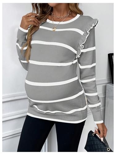 BEAUDRM Women's Maternity Sweater Striped Pattern Round Neck Long Sleeve Ruffle Tops - color: Dusty Blue, size: Small