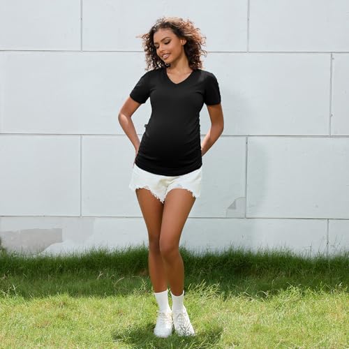 Bhome Maternity Shirt Short Sleeve Pregnancy Tshirt Side Ruched Tee Top - color: Black Vneck, size: X-Large