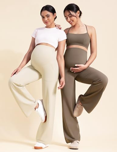 POSHDIVAH Creamluxe Maternity Wide Leg Pants Pregnancy Work Trousers - color: Mocha Mousse, size: Small