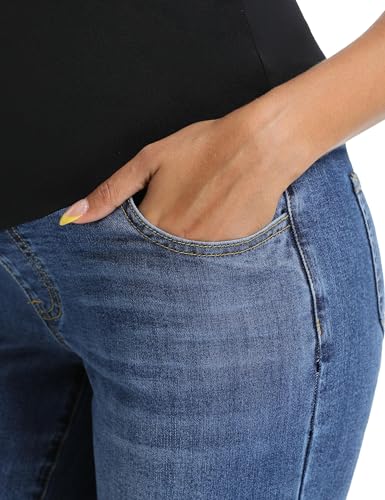 Foucome Maternity Jeans Wide Leg Trendy Pregnancy Denim Pants - color: Dark Blue, size: Large