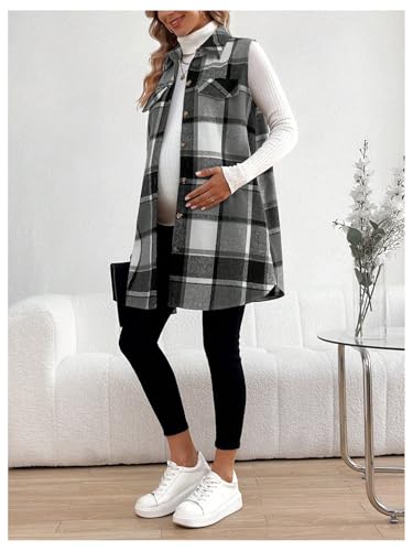 MakeMeChic Women's Maternity Plaid Flannel Vest Collared Pregnancy Coat - color: Black and White, size: X-Large