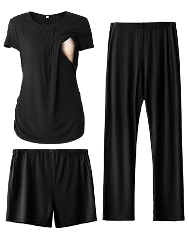 SUNNYBUY Womens Maternity Nursing Pajamas Set 3 Piece Breastfeeding PJS - color: Black, size: XX-Large