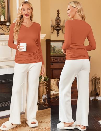 Ekouaer Womens Maternity Shirts Long Sleeve 4 Pack V Neck Pregnancy Tops - color: Caramel/Dark Grey/Black/White, size: Medium