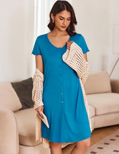 Ekouaer 3 Pack Women's Button Down Nightgowns Short Sleeve Night Shirts - color: Blue,pink,light Grey, size: Medium
