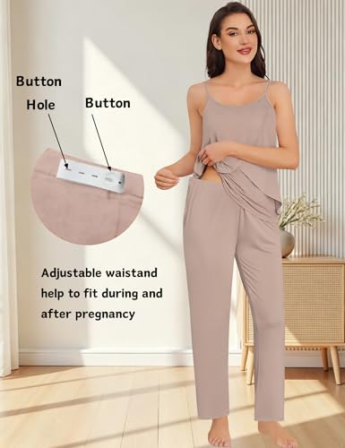 SWOMOG Maternity Pajamas Set 3 PCS Nusing Pajamas Labor and Delivery Gown & Camisole & Pants Postpartum Pjs - color: Ecru, size: Small