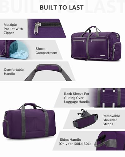 Gonex 80L Foldable Travel Duffle Bag with Shoe Compartment, Lightweight - color: Purple, size: 80L