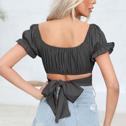 Women's Crop Tops Ruffle Short Sleeve Tie Back Off Shoulder Blouse - color: Black, size: Medium