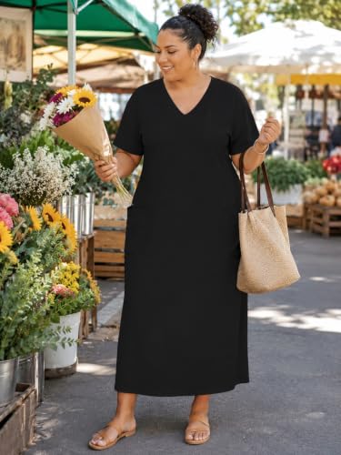 SUZONANA Women's Plus Size Maxi Dress V Neck Short Sleeve with Pockets - color: 1black, size: 4X-Large