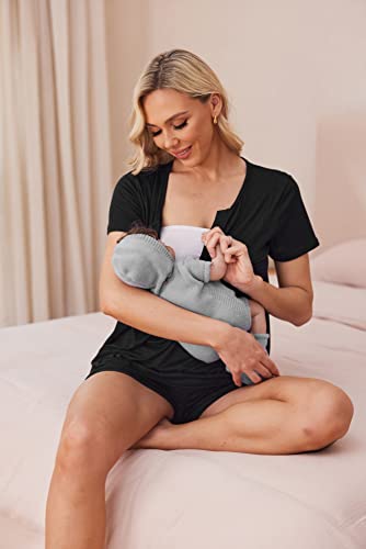 Ekouaer Women Maternity Nursing Pajama Sets Short Sleeve Postpartum Pajamas - color: Black, size: Small