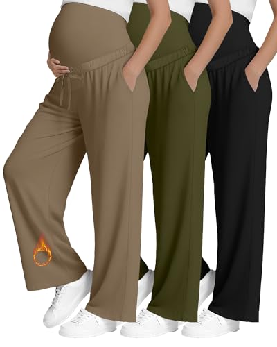 3 Pack Fleece Lined Maternity Sweatpants Lounge Pants - color: Black, Army Green, Dark Khaki, size: Small