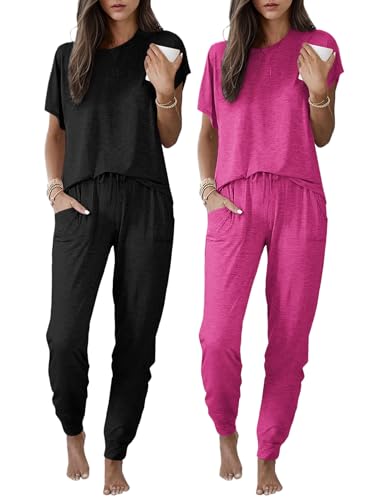 Ekouaer 2 Pack Womens Pajama Short Sleeve Jogger Pants Pjs Lounge Set - color: Black and Hot Pink, size: Large