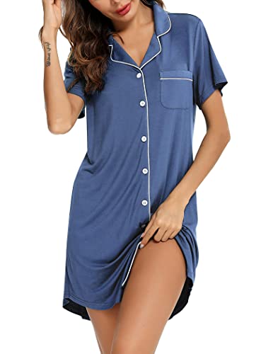 Pjmlifecoco Women's Button Down Nightgown Short Sleeve Sleep Shirt - color: Blue, size: Small