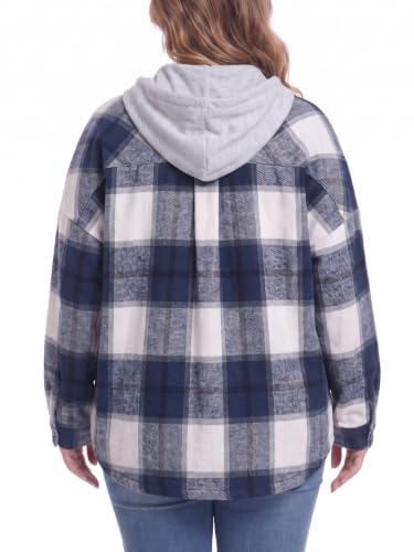 OLRIK Women's Plus Size Hooded Flannel Shacket Zip Up Jacket - color: Beige Blue, size: 5X