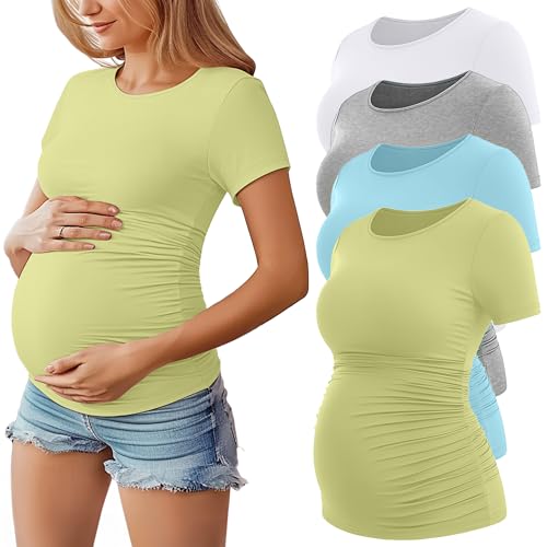 Huukeay 4 Pack Women's Short Sleeve Maternity Tops - color: Mint Blue, Grass Green, Light Heather Gray, White, size: Medium