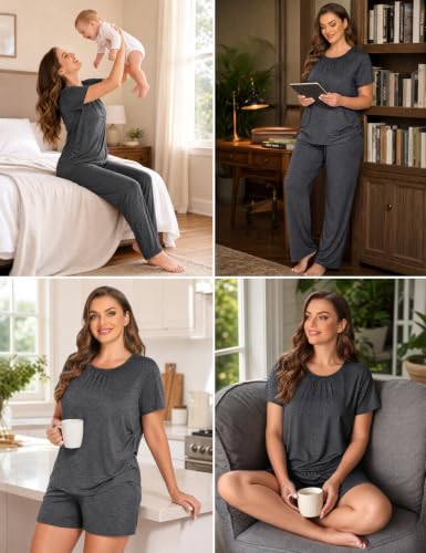 SWOMOG Women 3Pcs Maternity Pajama Set Nursing Pjs Pregnancy Set Breastfeeding Pjs Double Layer with Pockets - color: Deep Grey, size: X-Large