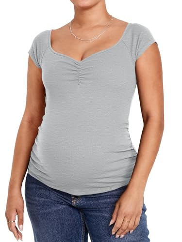 Tankaneo Womens Vneck Maternity Tops Cap Sleeve Fit Ribbed Pregnancy Tshirt - color: Grey, size: Medium