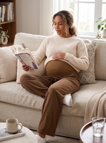 BLENCOT Maternity Pants Over Belly Wide Leg Pregnancy Casual Sweatpants - color: Coffee, size: X-Large