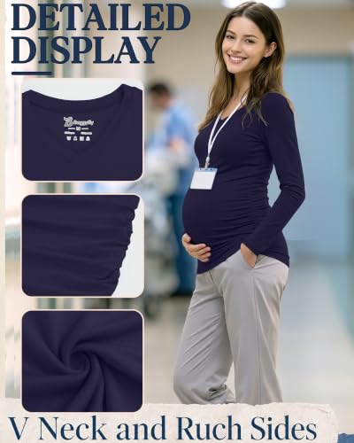 3 Pack Women Maternity Shirts Scrub Tops Side Ruched - color: Black, Navy Blue, Wine Red, size: Medium