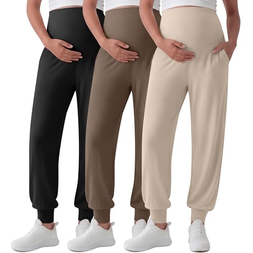 3 Pack Women's Maternity Pants Pregnancy Joggers - color: Apricot, Light Brown, Black, size: Small