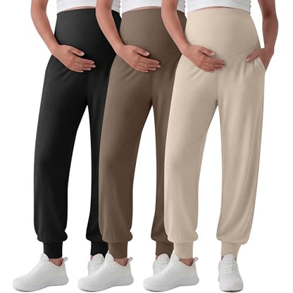 3 Pack Women's Maternity Pants Pregnancy Joggers - color: Apricot, Light Brown, Black, size: Small