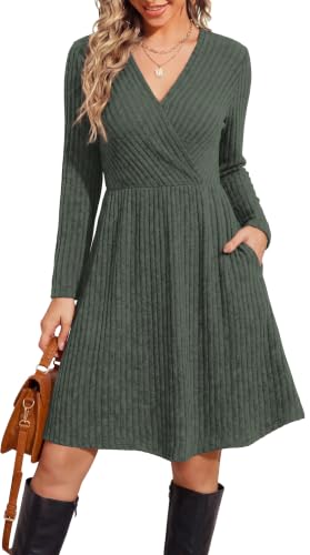 WIH0LL Womens Fall Dresses 2026 Long Sleeve Wrap Sweater Dress with Pockets - color: Green, size: X-Large