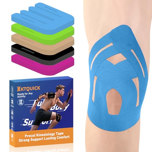 KTQUICK Precut Kinesiology Tape for Knees,12 PCS,20% Stronger Adhesive Blue - color: Blue, size: 12PCS