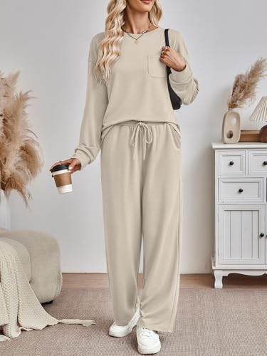 AUTOMET Womens Sweatsuits 2 Piece Lounge Matching Sweat Sets Fall Outfits - color: Khaki, size: Small