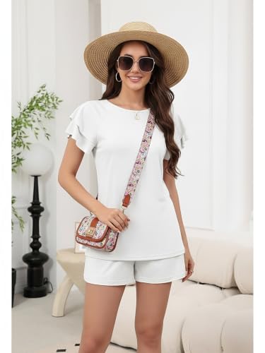Anjue Summer Cotton 2Pcs Ruffle Sleeves Short Women Pajama Sets Lounge Set - color: White, size: Large