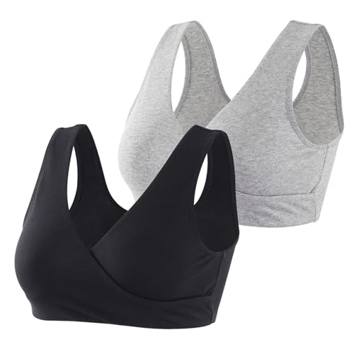 Women's Cotton Wireless Sleep Bra for Nursing and Maternity - color: Black+grey, size: XX-Large