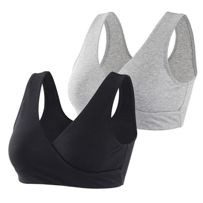 Women's Cotton Wireless Sleep Bra for Nursing and Maternity - color: Black+grey, size: Large