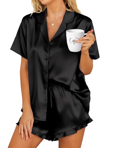 HOTOUCH Womens Satin Pajamas Set Button Down 2 Piece Ruffle Shorts Set - color: Black, size: X-Large