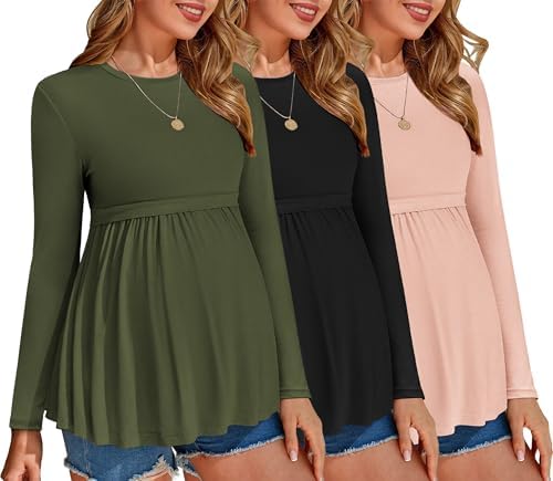 Ekouaer Maternity Shirts 3 Pack Pleated Long Sleeve Tops Pregnancy Clothes - color: Black/Pink/Green, size: Medium