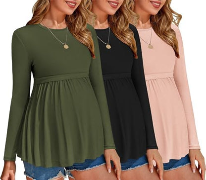 Ekouaer Maternity Shirts 3 Pack Pleated Long Sleeve Tops Pregnancy Clothes - color: Black/Pink/Green, size: Medium