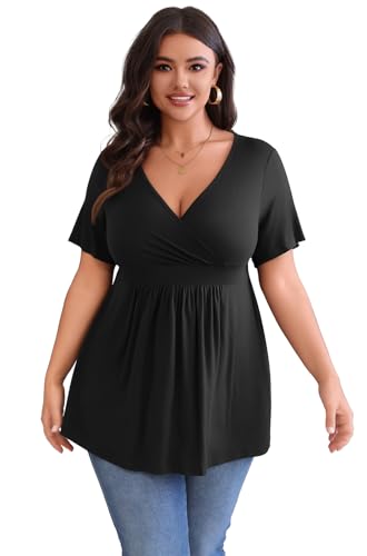 POSESHE Womens Plus Size Tops 2026 Summer Short Sleeves Tunic Tops - color: Black, size: X-Large Plus