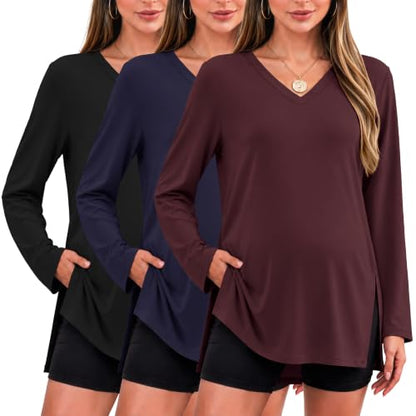 Ekouaer Womens 3 Pack Maternity Shirts Long Sleeve Pregnancy V Neck Clothes - color: Black/Dark Red/Navy Blue, size: Medium
