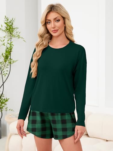 ANRABESS Womens Long Sleeve Striped Pajama 2 Piece Lounge Sets - color: Green Plaid, size: Medium