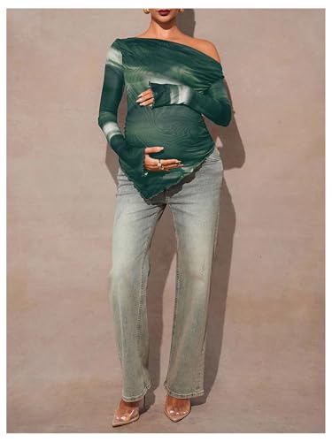 MakeMeChic Women's Maternity Clothes Fall Tie Dye Asymmetrical Blouse Tops - color: Green, size: X-Large
