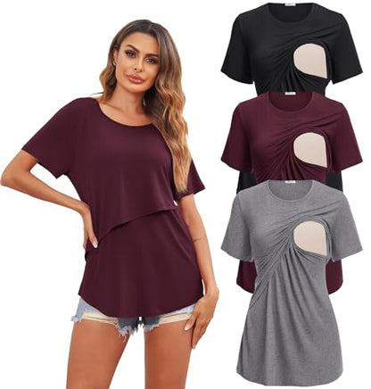 3 Pack Women Nursing Tops Short Sleeve Breastfeeding Shirts Maternity Tees - color: 3pcs- Black + Dark Red + Grey, size: Medium