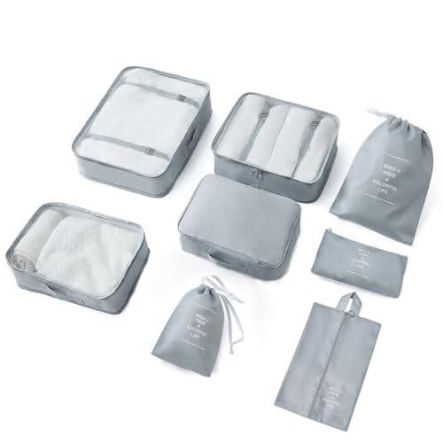 8 Pieces Mesh Packing Cubes for Travel, Luggage Packing Organizers Bags Set, Travel Essentials Suitcases Accessories with Laundry Bag, Storage Shoe Bag, Clothing Underwear Bag (Gray, 8 set)
