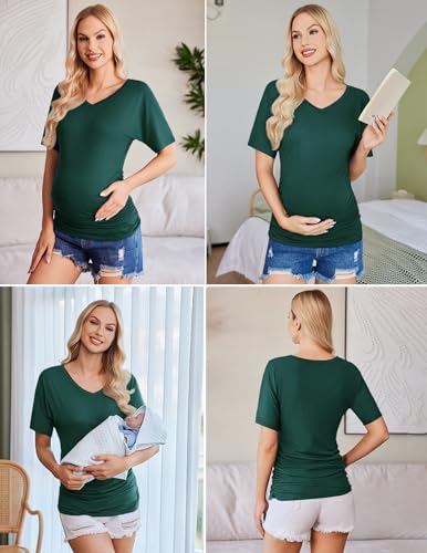 Ekouaer 3 Pack Maternity Shirts V Neck Pregnancy Tops Tunic Blouse Summer - color: Green/Teal/Black, size: Medium