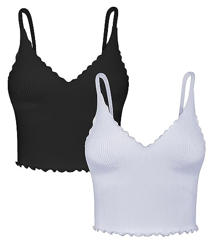 Sunzel 2 Pack Women's V Neck Ribbed Camisole Tank Tops with Ruffle Trim - color: Black&grey, size: Medium-Large