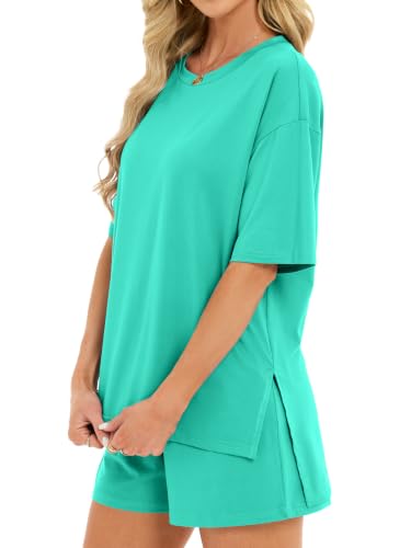 Women's 2 Piece Short Sets Loose Lounge Sets Summer Matching Sets - color: Turquoise, size: Large