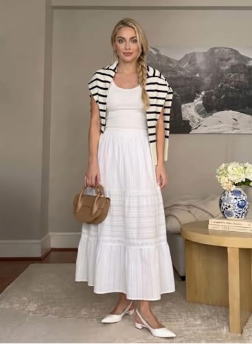 BLENCOT Women's Boho Tiered High Waisted Cotton Long Flowy Skirt - color: A White, size: Small