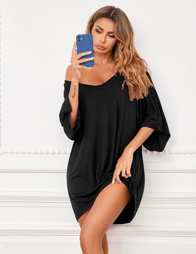 Ekouaer Nightgowns for Women Deep V Neck Sleep Shirt Oversized Night Shirt - color: Black, size: 4X-Large